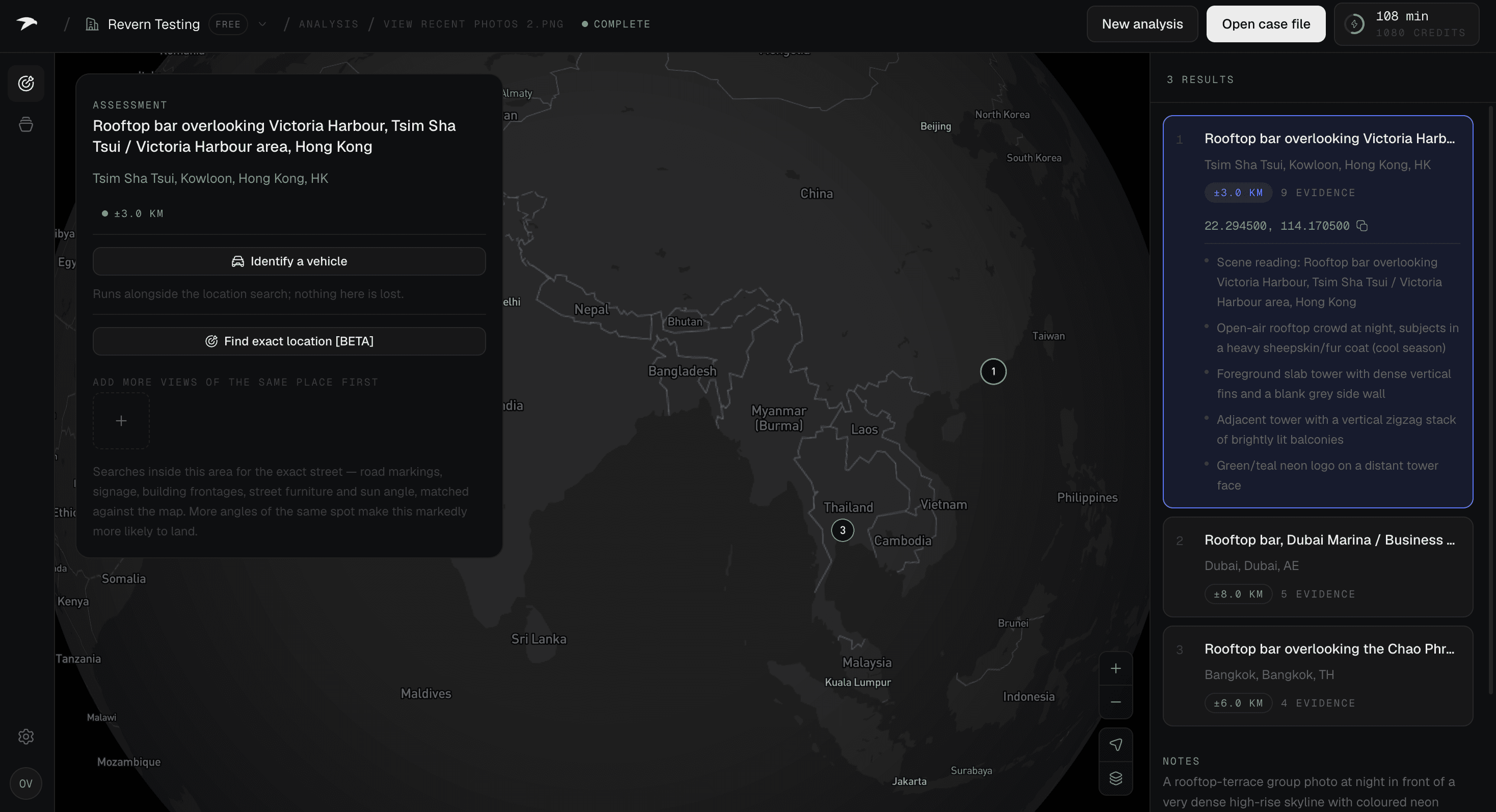 The Revern console: a located result on a map with three ranked candidate regions, each showing a confidence radius and the evidence behind it.